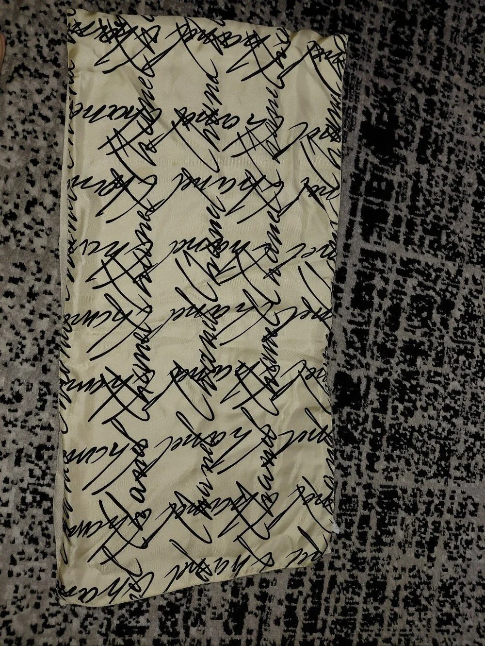 Vintage CHANEL Script Logo Scarf Silk Wool Angora Cream Black 13x52 CC